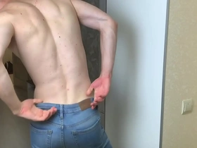 Hot boy in blue skinny jeans stroking his long dick (23cm)/ huge cum load