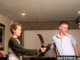 Skater hunk getting his ass slapped by three studs
